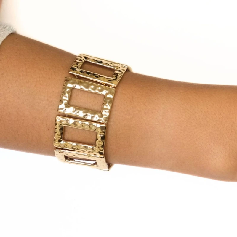 BR-8 GOLD TEXTURED RECTANGLE STRETCH BRACELET 30MM